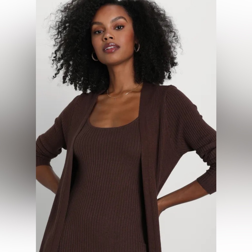Lulus Layer Lover Brown Ribbed Knit Two-piece Dress & Cardigan Set - Size M - Picture 10 of 10